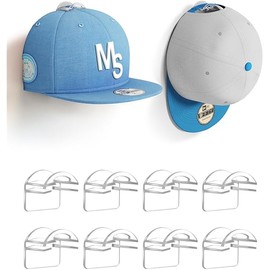 Adhesive Hat Hooks for Wall, Baseball Caps Strong Holdr, Ball Cap Hanger Wall Mount, Hat Display Rack, Hat Organizer Accessories, Clear 8-Pack