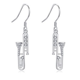 YAFEINI Trombone Earrings Sterling Silver Trombone Dangle Drop Earrings Musical Jewelry For Women Trombone Lovers Gifts, Sterling Silver, Cubic Zirconia