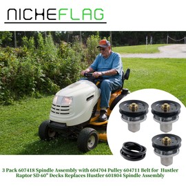 NICHEFLAG 3 Pack 607418 Spindle Assembly with 604704 Spindle Pulley 604711 Belt Replaces Hustler 601804 for Hustler Raptor SD 60", Hustler Raptor XD 60", Hustler Alpha MP 60" Decks