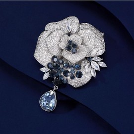 Luxury Crystal Rose Flower Brooch Pin with Teardrop Pendant, Silver and Navy Blue, Rhinestone Embellished, Wedding Party Formal Accessory