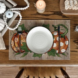 Artoid Mode Polka Dot Pumpkins Vine Fall Placemats Set of 4, 12x18 Inch Seasonal Autumn Table Mats for Party Kitchen Dining Decoration