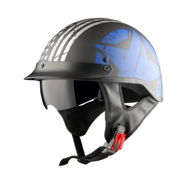 1Storm Motorcycle Half Face Helmet Mopeds Scooter Pilot with Retractable Inner Smoked Visor, Blue Flag