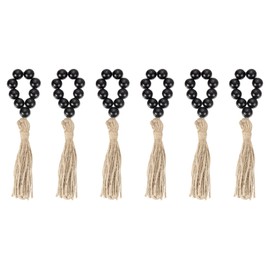 sourcing map 6Pcs Wooden Bead Napkin Rings, Farmhouse Wood Bead Napkin Buckles with Jute Rope Tassels for Christmas Thanksgiving Wedding Home Table Decor (Black)