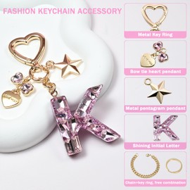 Cute Keychain initial Letter Butterfly Star Pink Purple Bling Gift for Women Girls Bag Cup Charms Accessories (K-pink)