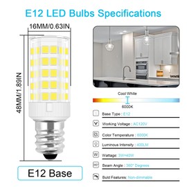 E12 led Bulb 3W 40W Candelabra Replacement, AC 120V C7 E12 led Candle Bulbs for Ceiling Fan Pendant Light Salt Lamp, Daylight White 6000K, 5-Pack(Not Dimmable)
