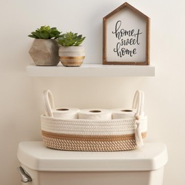 Decorative Toilet Paper Basket – Beautiful Bathroom Organizer for Toilet Tank Storage Decor – Boho Cotton Rope Bin with Tassel for Bathroom Accessories and as Shelf Decor