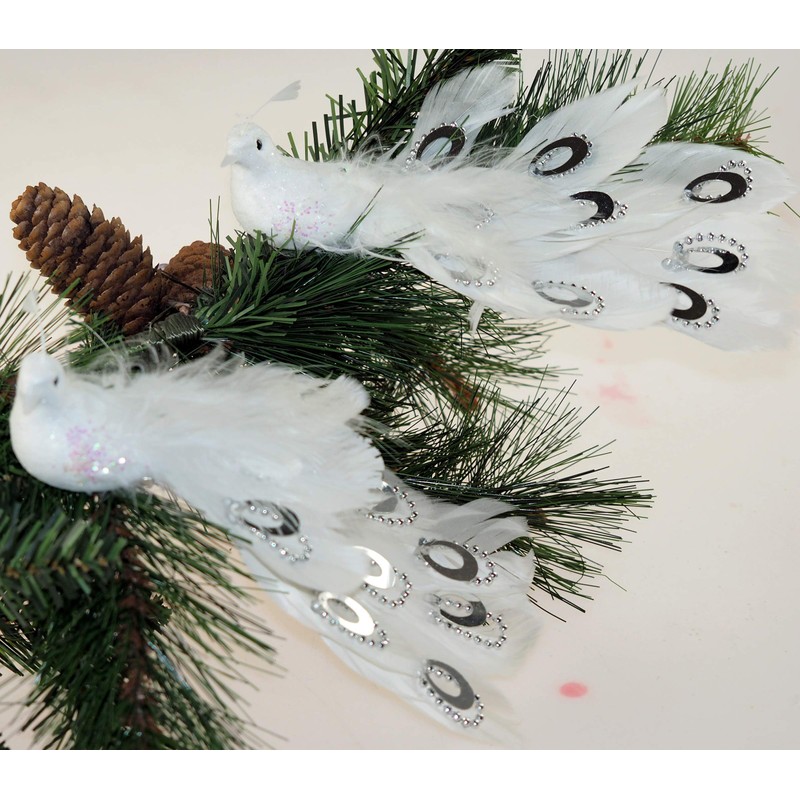 Set Of 2 White Peacock Clip On Craft Birds Of