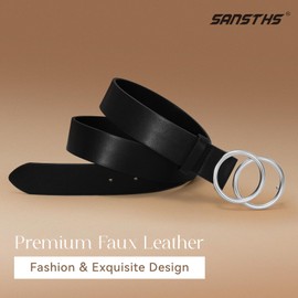 SANSTHS 2 Pack Women Leather Belts Faux Leather Jeans Belt with Double O Ring Buckle Black Brown Silver Buckle S