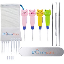 Ear Wax Removal Tool with Led Light for Kids - Toddlers, Infants, Baby and Adult by BonnyEars | Stainless Steel Earwax Remover Kit | Ear Pick Spoon Curette Tweezers Cleaning