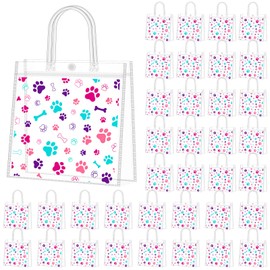 Supervitae 36 Pcs Colorful Dog Paw Bone Print Clear Favor Bags with Handle Reusable Plastic PVC Puppy Gift Bag Goodies Treats Totes for Pet Birthday Christmas Party Supplies, 8 x 8 x 3.15 Inch