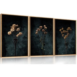 LHIUEM Dark Moody Wildflowers Framed Canvas Wall Art Set,Minimalist Wildflower Wall Decor,Vintage Black Flower Botanical Painting, Aesthetic Floral Artwork for Living Room,Bedroom,Office-16''x24''x3