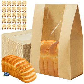 Vorfre 50 Pcs Large Paper Bread Bags for Homemade Bread, 13.7 x 8.3 x 3.5 Inch Sourdough Bags with Clear Window, Brown Kraft Bakery Bag for Storing Loaves & Snacks, Includes 50 Sealing Stickers