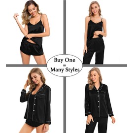 SWOMOG Women's Satin Pyjamas Long 4-Piece Silk Pyjamas Silk Pyjamas for Women Cami & Top Short Set Women Silky Pjs, black