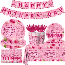 Mothers Day Decorations Serve 24, 170Pcs Happy Mothers Day Plates and Napkins Sets with Cups Tablecloth and Banner Mother's Day Decorations for Best Mom Ever Spring Flower Theme Birthday Party