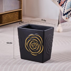 Black Ceramic Trash Can with Gold Rose – 2.5 Gallon Small Bathroom & Kitchen Garbage Bin, Decorative Waste Basket for Bedroom, Office, Hotel – Elegant Floral Design, Heavy Duty (9 Liter, Gift Idea)