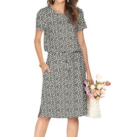 Women Summer Short Sleeve Hide Belly Midi Casual Dress Gray S