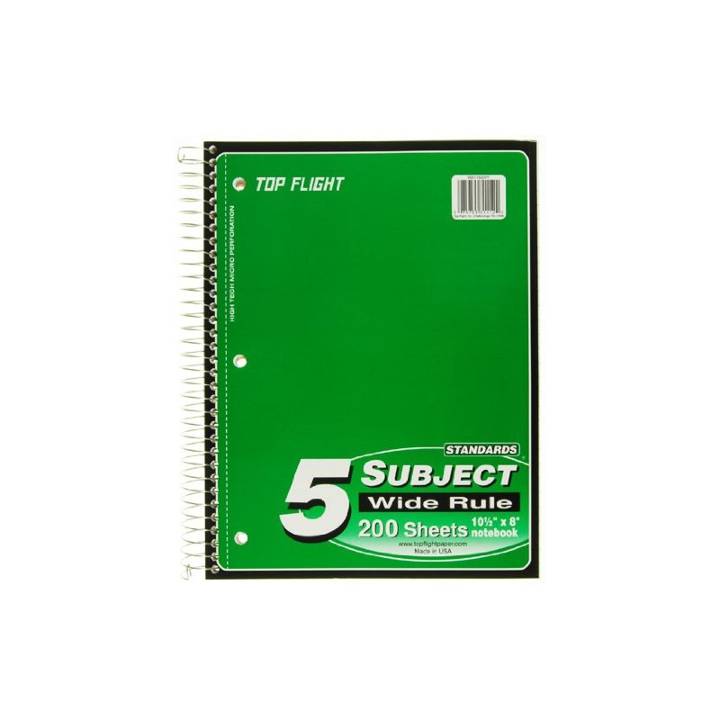 Top Flight Standards 5-Subject Wirebound Notebook, 200 Sheets, 3-Hole Punched,