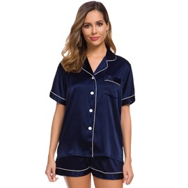 SWOMOG Womens Silk Satin Pajamas Set Two-Piece Pj Sets Sleepwear Loungewear Button-Down Pj Sets Deep Navy Blue
