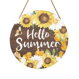 Hello Summer Sign 12 x 12 Inch Summer Themed Sunflower Welcome Sign Front Door Decor Farmhouse Porch Decoration Sunflower Round Wooden Hanging Sign for Home Garden Farmhouse Yard