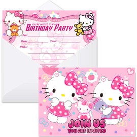 BNFUO 16pcs Kitty Birthday lnvitation Cards Gift Cards with Envelopes for Pink Cats Theme Party Supplies