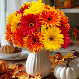 CORVYUC 14 Pcs Mums Artificial Flowers Fall Floral Arrangement Faux Daisy Bouquet for Indoor Wedding Home Table Office Desk Vase Centerpieces Decoration (Orange Yellow Red)