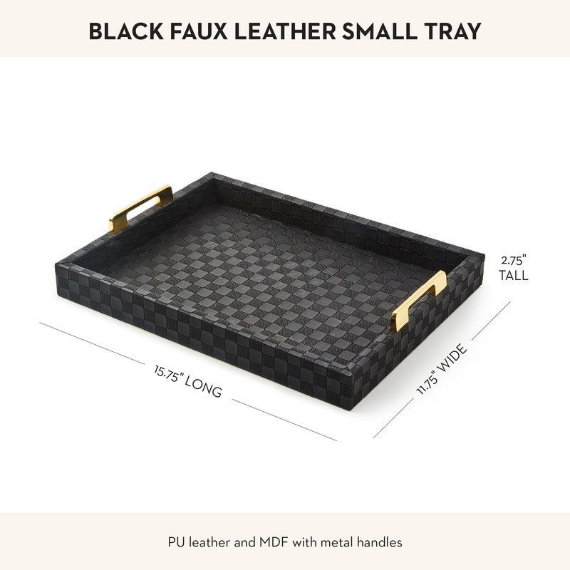 MACKENZIE-CHILDS Black Faux-Leather Tray with Handles, Rectangular Tray for Serving,