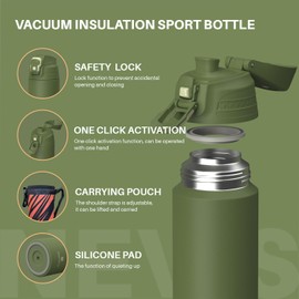 SANTECO Thermos Flask, Lockable Thermos Flask, Water Bottle, Stainless Steel, 1 Litre, BPA-Free with Carry Bag, Direct Drinking Insulated Jug, Dishwasher Safe for Travel, Camping, Green