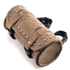 Motorcycle fork bag, universal handlebar tool bag, roll barrel bag, brown PU leather side bag, decorative with rivets for sissy bar, rear carrier (brown)