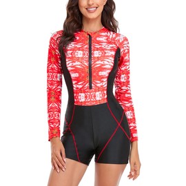 Women Long Sleeve One Piece Swimsuit Boyleg Short Rash Guard Zip up Bathing Suit Surfing Swimwear with Built in Bra for Seaside Travel Red XL