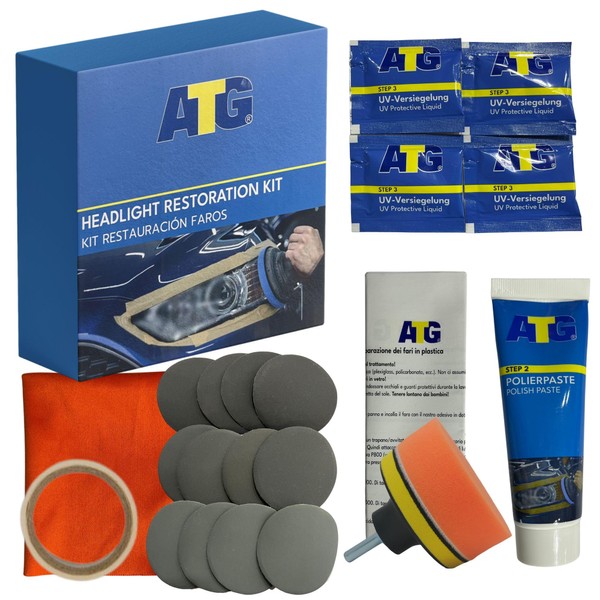 ATG Auto Headlight Restoration Kit to Clean Foggy, Cloudy lens Covers with Polishing Paste and Ceramic Coating, Deep Cleaner and Restorer for Cars, Trucks, SUVs, Vehicles