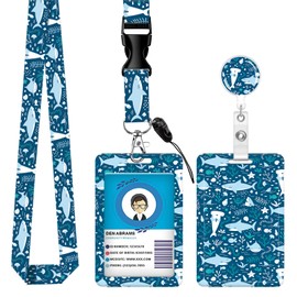 OZVE ID Badge Holder with Breakaway Lanyard, Retractable Badge Reel,Lanyards for Id Badges，Work Name Tag Breakaway Lanyard ID Card Protector Case for Teacher Nurse Work Office(Cute Sharks)