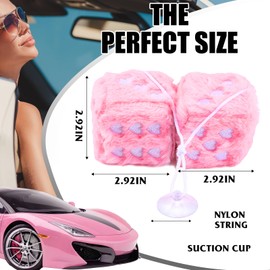 Ptwola Pink Fuzzy Plush Dice for Car Rear View Mirror, Pair of 2.75" Heart Embroidered Automotive Interior Hanging Ornament Retro Decoration Accessories (Pink)