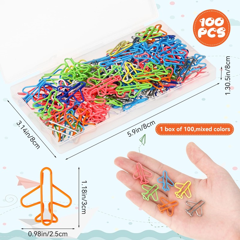 100 Pieces Airplane Shape Paper Clips Rainbow Creative Paper Clips