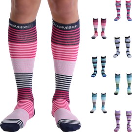 Doc Miller Calcetines de compresión para mujeres y hombres de 15 a 20 mmHg, recuperación de espinillas, hinchazón y venas varicosas, 1 par XXL, rayas de caramelo rosa