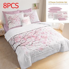 8PCS BlessLiving Pink Cherry Blossom Comforter Set Twin Size Soft Bedding Set