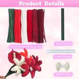 300 piezas de limpieza de tuberías de 6 colores, tallos de chenilla para hacer flores, serie roja, tallos gruesos y esponjosos, perfectos para artes y manualidades, hacer animales y decoración festiva