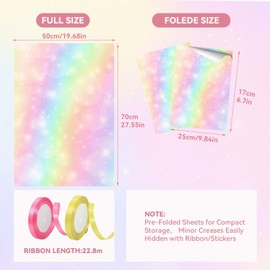 Rainbow Gradient Gift Wrapping Paper Set - 8 Sheets (4 Designs x 2 + 2 Ribbon Rolls) 70x50cm for Birthdays, Weddings, Mother’s Day, DIY Crafts, Girls/Women Gifts