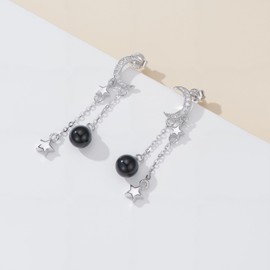 SHINYKEND Black Agate Moissanite Moon Star Earrings for Women, 925 Sterling Silver Star Moon Pendant Earrings Jewelry Gift Anniversary Birthday for Wife Girlfriend