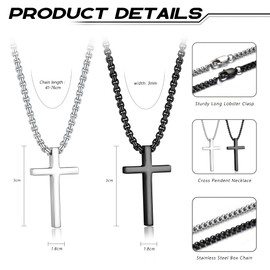 JeweBella 2 Pieces Cross Chain Men Women Stainless Steel Chain with Cross Pendant Necklace Polished Crucifix Necklace Silver and Black Cross Necklace Set Men's Jewellery Gift Chain Length 41-76 cm,