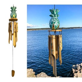 Tropical Pineapple Windchime – Bamboo & Wood Hanging Outdoor Garden Décor – Relaxing Calming Deep Tones