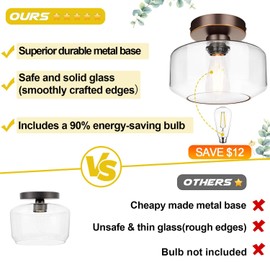 Industrial Semi Flush Mount Ceiling Light Oil Rubbed Bronze, 800 Lumen LED Bulb Included, Clear Glass Shade Ceiling Light Fixture, Light Fixture for Hallway Bathroom Bedroom, Hanging Light Fixtures
