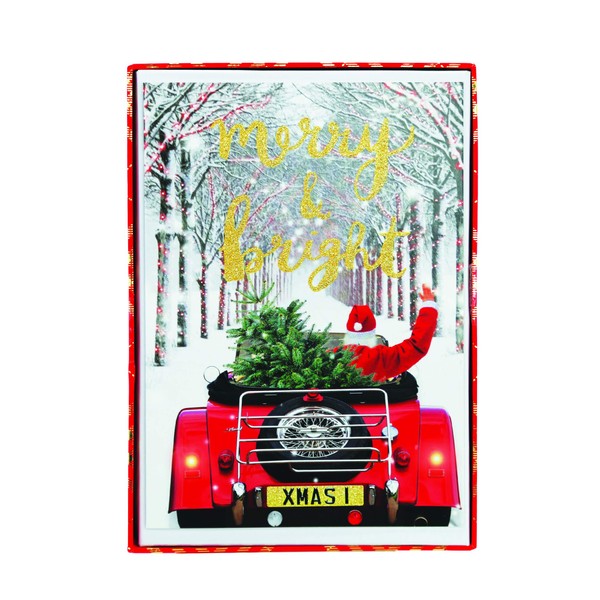Graphique Santa Driving Holiday Cards - Pack of 15 Cards with Envelopes - Christmas Greetings - Glitter Accents - Boxed Set - 4.75" x 6.625"