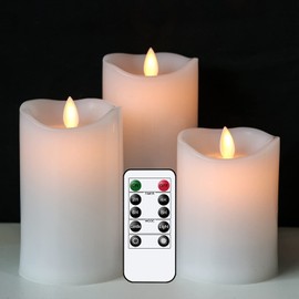 DRomance Moving Wick Outdoor Flameless Candles Battery Operated with 10-Key Remote and Timer, 3 Pack Plastic White LED Flickering Candles Wedding Holiday Decor(3" x 4", 5", 6")