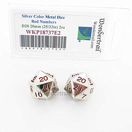 Metal Dice D20 Silver with Red Pips 20mm (25/32in) Pack of 2 Wondertrail