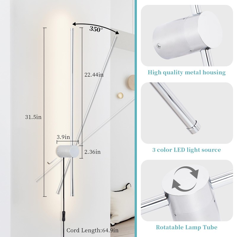 KELUOLY Modern Chrome Plug in Wall Sconce with Remote, Dimmable