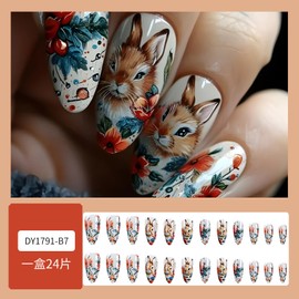 Easter Press on Nails Bunny Fake Nails Medium Almond Acrylic Press on Nails Cute Glue on Nails Full Cover False Nails Flower Rabbit with Designs Stick on Nails Spring Artificial Nails for Women