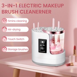 Buqikma Electric Makeup Brush Cleaner Machine with Dryer, Portable 3 in 1 Automatic Cosmetic Brush Cleaning, Multi-Size Slots for Blush Brush, Contour, Eyeshadow, White