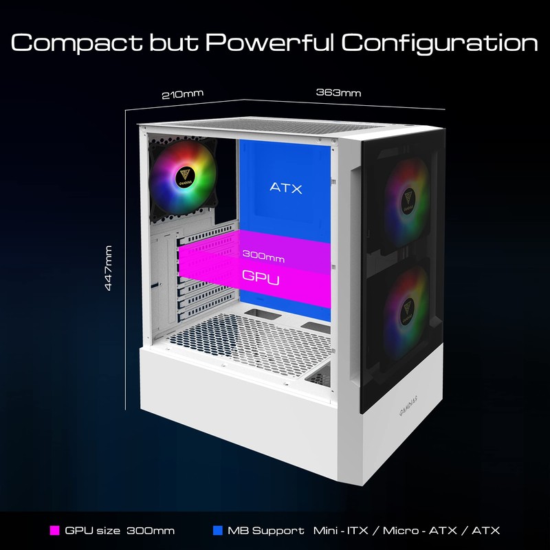 GAMDIAS White RGB Gaming ATX Mid Tower Computer PC Case