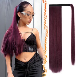 BARSDAR Dark Burgundy Straight Wrap Ponytail Extension - 26 Inch Long Straight Wrap Around Ponytails for Women, Synthetic Clip in Red Pony Tails Hair Extensions Hairpieces Daily