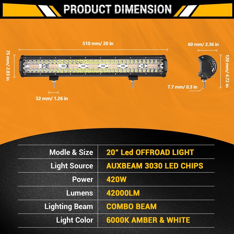 Auxbeam 20 Inch LED Light Bar 420W 6 Modes Amber